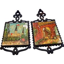 Vintage Cast Iron & Ceramic Tile Trivets Hand Painted Old New Orleans Louisiana picture