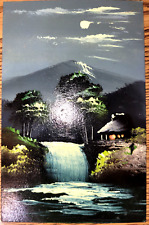 Hand Painted Japanese Postcard Night Scene Mt. Fuji Waterfall Hut picture
