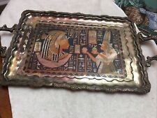 Rare Vintage Egyptian Inlaid Brass / Copper Decorative Serving Tray. 19” x 10” picture