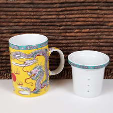 Chinese Dragon Peacock Tea Cup Mug w/ Infuser Strainer Vintage Porcelain EUC picture