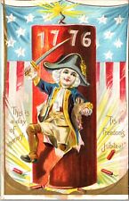Fourth of July Postcard 1776 Boy Dressed as George Washington Flag Fire Cracker picture