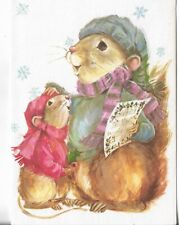 Used Vtg Christmas CARD-apx 4x5.5 Squirrel & Mouse Hats & Scarves Singing Carols picture