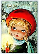 c1930's Merry Christmas Pretty Girl Candle Light Norway Vintage Postcard picture