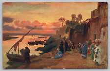 Cairo Egypt - Evening on the Nile - Artist Signed Carl Wuttke - Postcard c1912 picture