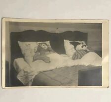 1955 Austrian RPPC Photo Postcard Rag Doll People in Bed Quirky Postage Removed picture
