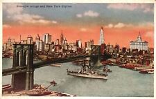 Vintage Postcard Brooklyn Bridge First Best Known Largest And New York Skyline picture