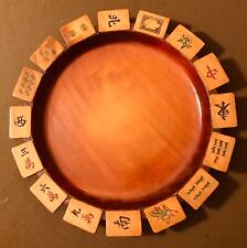 RARE 1924 vintage CARVED WOOD 12” mahjong dish BAM, DOTs, CRACK, NSEW, Dragons picture