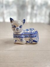 Vintage Hand painted Blue And White Cat Trinket Dish Wit Lid picture