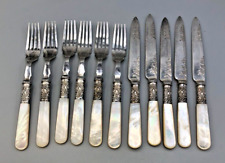 Set of Antique Dessert Knives and Forks, Mother of Pearl, with Sterling bands picture