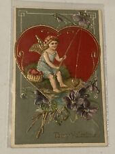 1909 Cute Cherub Cupid Fishing With Hearts Valentines Day Postcard Gold Gilt picture