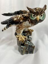 Poised Vintage Shiwan Owl Brown Green White Glazed Pottery Figure 8” picture