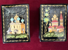 Two Signed Russian Trinket Box Hand Painted Lacquer Hinged Rectangle Vintage2x3” picture