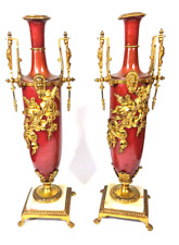 Antique Pair French Ormolu Gilt Red Bronze Floral and Face Urn Candlesticks picture