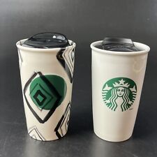 2 Starbucks 2011/2014 Ceramic Tumbler Travel Coffee Mug W/Lid Dot & Mermaid Lot picture