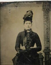 c1880s Tintype Beautiful Woman W Large Feathered Hat Victorian Dress Gloves T46 picture
