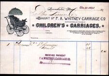 1893 Leominster Ma - F A Whitney Carriage Co - Rare History Letter Head Bill picture