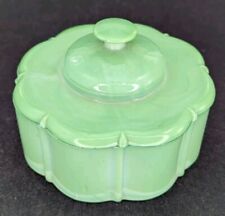 Vintage Green Slag Glass Akro Agate Jadeite Scalloped Powder Jar Lid Trinket picture