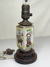 Antq Asian Japanese Moriage Satsuma Porcelain Hand Painted Table Lamp Wood Base picture