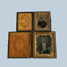 2 Antique Tintype Daguerreotype Man Resembling Lincoln In Bow Tie & Woman Photos picture