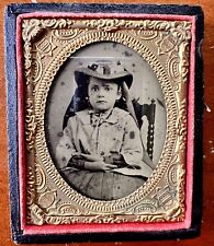 Little Girl in Summer Hat 1/9 Plate Tintype in Case Civil War Era 1860s Sick? picture