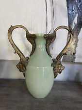 Vintage Heavy tall green porcelain vase with bronze lion head design handle 15” picture