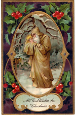 Yellow Robe Santa Claus with Baby~Holly Antique PFB Christmas Postcard~h852 picture