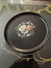 Antique Victorian papier-mâché black tray with hand-painted  floral motif picture