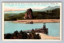 Columbia River OR-Oregon, Castle Rock And Fish Wheels On River Vintage Postcard picture