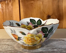 Bone China Yellow Roses Small Dish Bowl Gold Rimmed Hand Painted Signed 1974 picture