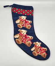 Vintage Needlepoint Teddy Bear Christmas Stocking Red Blue Velvet Back Lined 16
