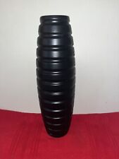 NEW 12” MODERN BLACK MATTE CIRCULAR GROOVED WOOD VASE BY AT HOME. picture