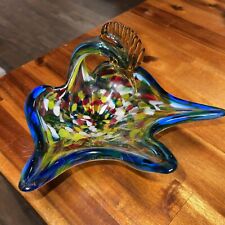 VTG Glass Swan Bird Colorful MCM Candy Bowl UNIQUE blue- Green - Yellow - Orange picture