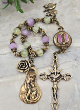 Mother Mary Tween Hearts Antique-Style Chaplet-Green Lavender Jade&Bronze Medals picture