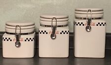 Set Of 3 2002 Gibson Coca-Cola Checkered Trim Stoneware Canisters picture