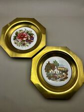 Vintage, Brass, Set Of Two, Wall Plates, Ceramic Tile Insert, Hexagon 6” picture