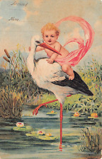 VINTAGE PFB  EMBOSSED POSTCARD STORK BIRTH ANNOUNCEMENT picture