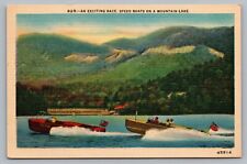 Speedboats Racing On A Mountain Lake  Speed Boats Flag Race Postcard Vintage D4 picture