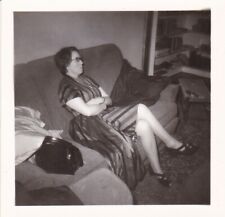 Vintage c1958 Snapshot Photo Lady On Sofa Striped Dress Heels Glasses Fashion picture