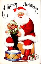 Christmas Postcard Santa Claus Putting Doll Into Stocking Present Gift Drum picture