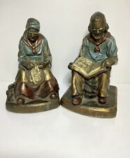 Antique Bronze Clad Armor Darby & Joan Bookends Man With Lady, Cat & Dog picture
