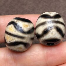 A Pair Ancient Tibetan DZI Beads Old Agate Tiger Tooth Totem Amulet Pendant GZI picture