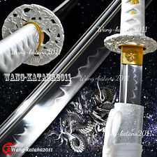 Elegant Silver Dragon Katana Functional T10 Clay Tempered Japanese Samurai Sword picture