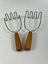 Vintage 2 Potato Masher Stainless  Tan Brown Handle Cooking Utensil MCM USA picture