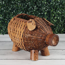 Wicker Tortoise Bamboo Pig Planter Basket Great Vintage Condition picture