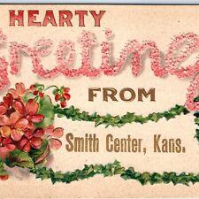 c1910s Smith Center, KS Hearty Greetings Red Lilac Embossed Postcard Kans A116 picture