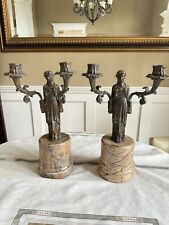 Near Pair of Antique Heavy Solid Bronze Maiden Candelabras on Marble, 13 1/2