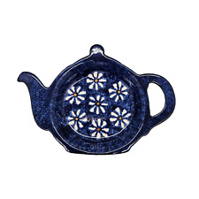 Vintage? German Ceramic Teapot Shaped Tea Bag Holder Teaspoon Rest Blue Daisy picture