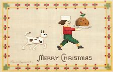 Clapsaddle Needlepoint Look Postcard 2938 Christmas Boy & Dog Bring Pudding picture
