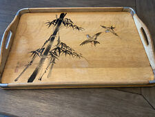 Vintage Japanese Hand Painted Wooden Serving Tea Tray Sparrow Birds Bamboo  picture