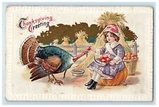 1913 Thanksgiving Greetings Girl Feed Turkey Fruits Basket Camp Hill PA Postcard picture